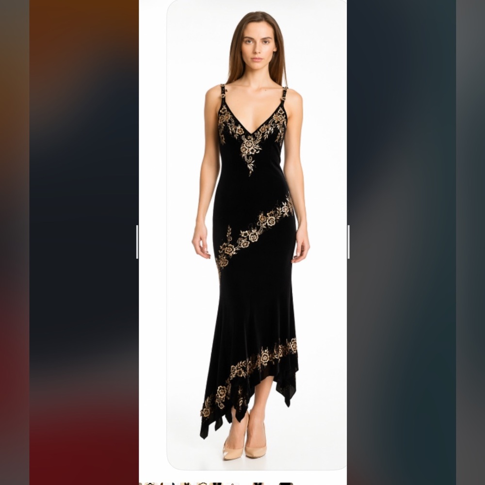 Cache Black Velvet High-Low Slip Dress with Gold Floral Embroidery